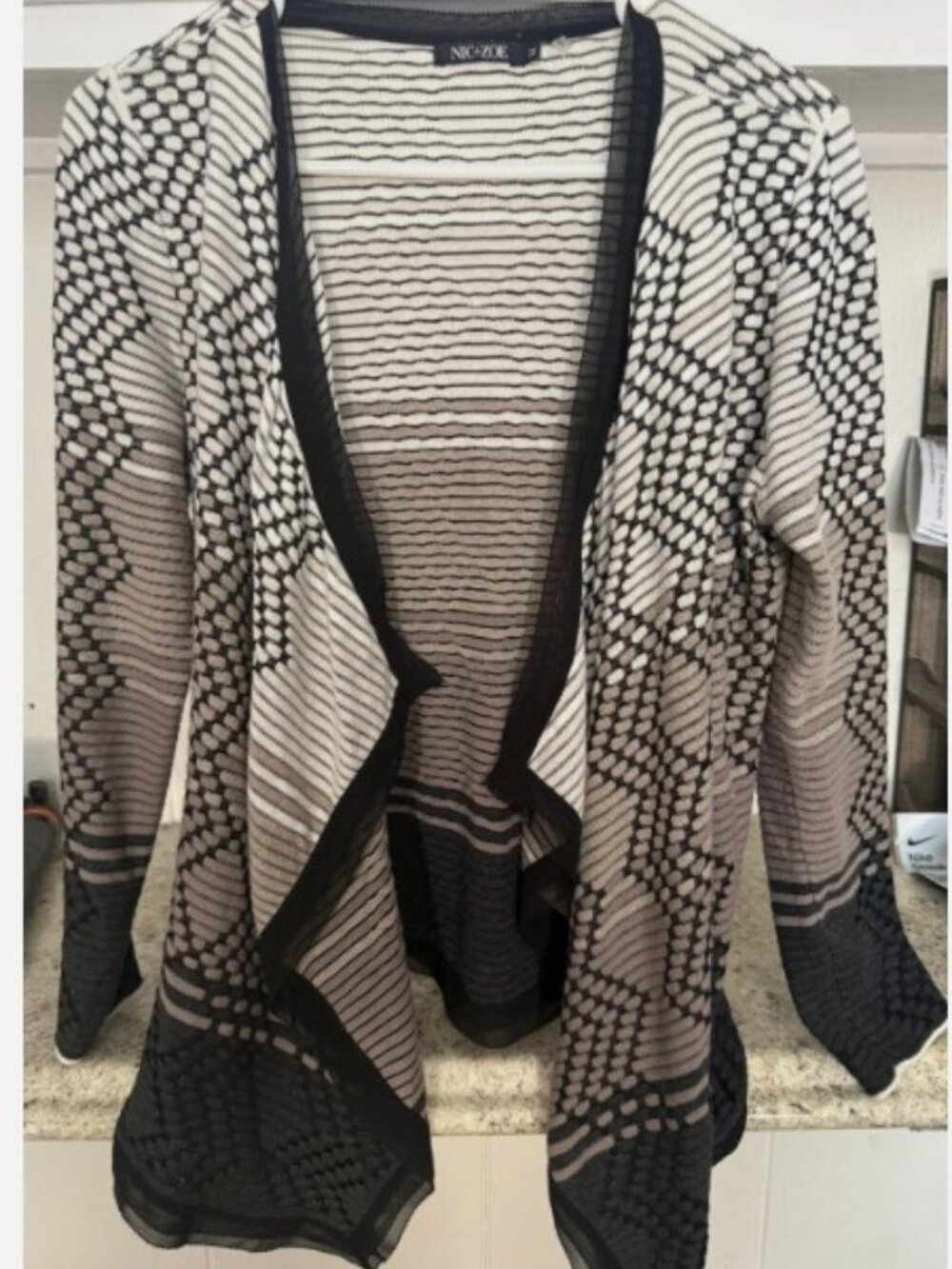 NIC+ZOE Open Front Cardigan Women M Black Cream Ombre Geometric Lightweight Knit